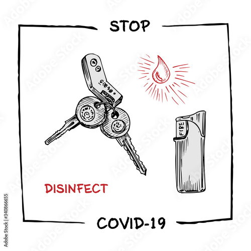 Design concept of Medical, social, economic and financial information agitational poster against coronavirus epidemic with text Stop Covid-19 Sketch style