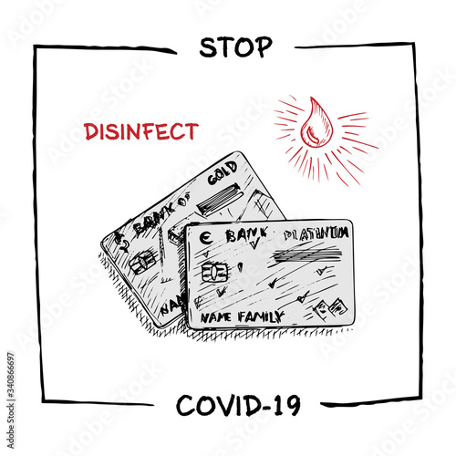 Design concept of Medical, social, economic and financial information agitational poster against coronavirus epidemic with text Stop Covid-19 Sketch style