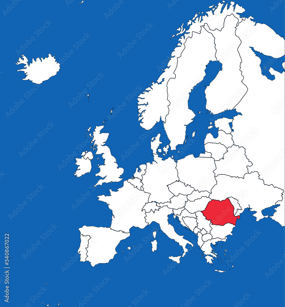 Romania highlighted on europe map. Blue sea background. Perfect for Business concepts, backgrounds, backdrop, sticker, chart, presentation and wallpaper.