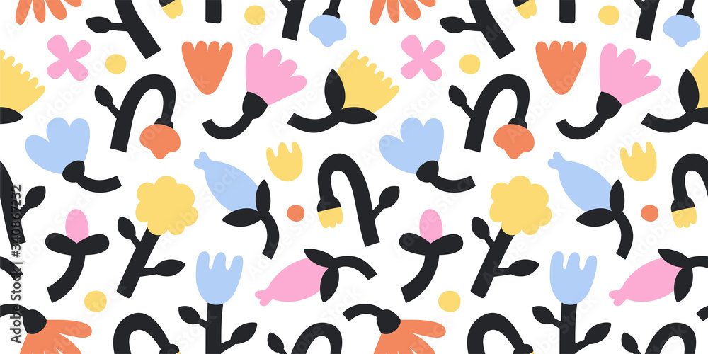 Obraz premium Contemporary flowers, vector abstract tulips and bell flower in bright colors. Vector seamless pattern. Modern trendy botanical design for fashion print, fabric, wallpaper and wrapping paper.