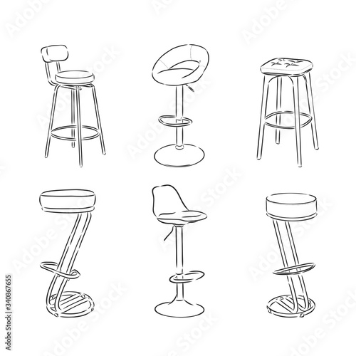 A set of bar chairs isolated on white background.Vector illustration in a sketch style. high bar stool vector sketch illustration