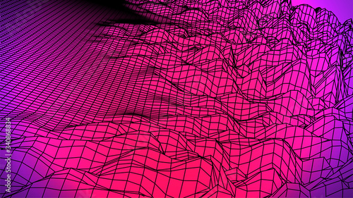 Retro future style background. Black wireframe terrain on pink backdrop. 3d computer landscape. Synthwave style. Stock vector illustration