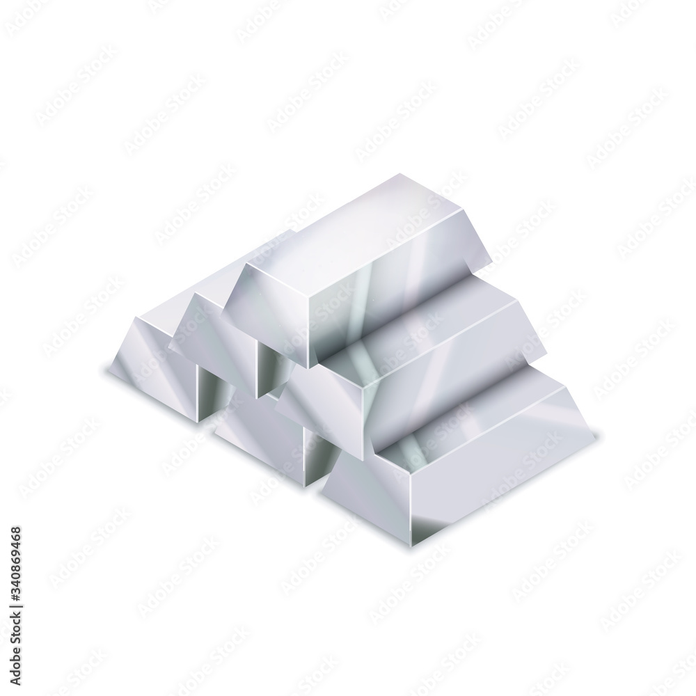 Bright pile of five realistic glossy silver bars in isometric view on white Bright pile of five realistic glossy silver bars in isometric view on white