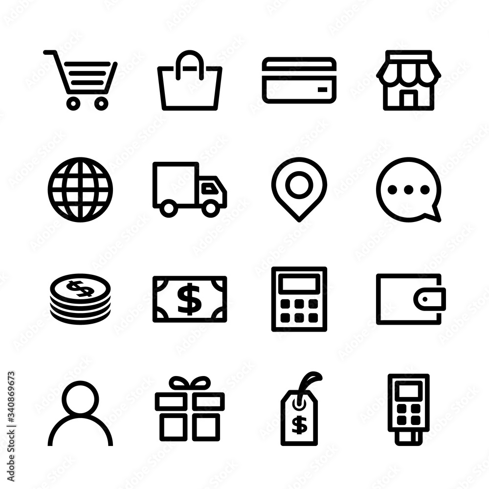 Online shopping icon set. E-commerce shopping in line icon style. Vector. Online shopping icon set. E-commerce shopping in line icon style. Vector.