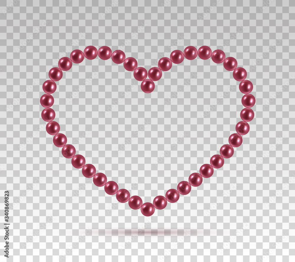 Heart shape frame painting isolated on transparent background. Pearl chains. Realistic red pearls. Beautiful natural heart shaped jewelry. Frame thread of pearls. Pearl necklace. Vector illustration
