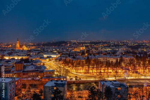 Night view of city of Cluj-Napoca, Romania, during winter 