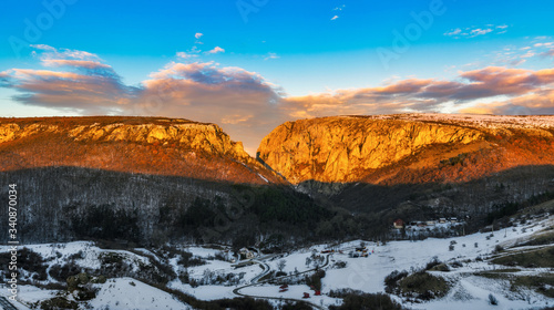 Turda gorge colorful sunrise winter time 