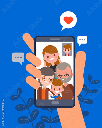 Family time together illustration. man chatting with his family using video call app on smartphone. Human hand hold smartphone device. flat design vector cartoon characters.