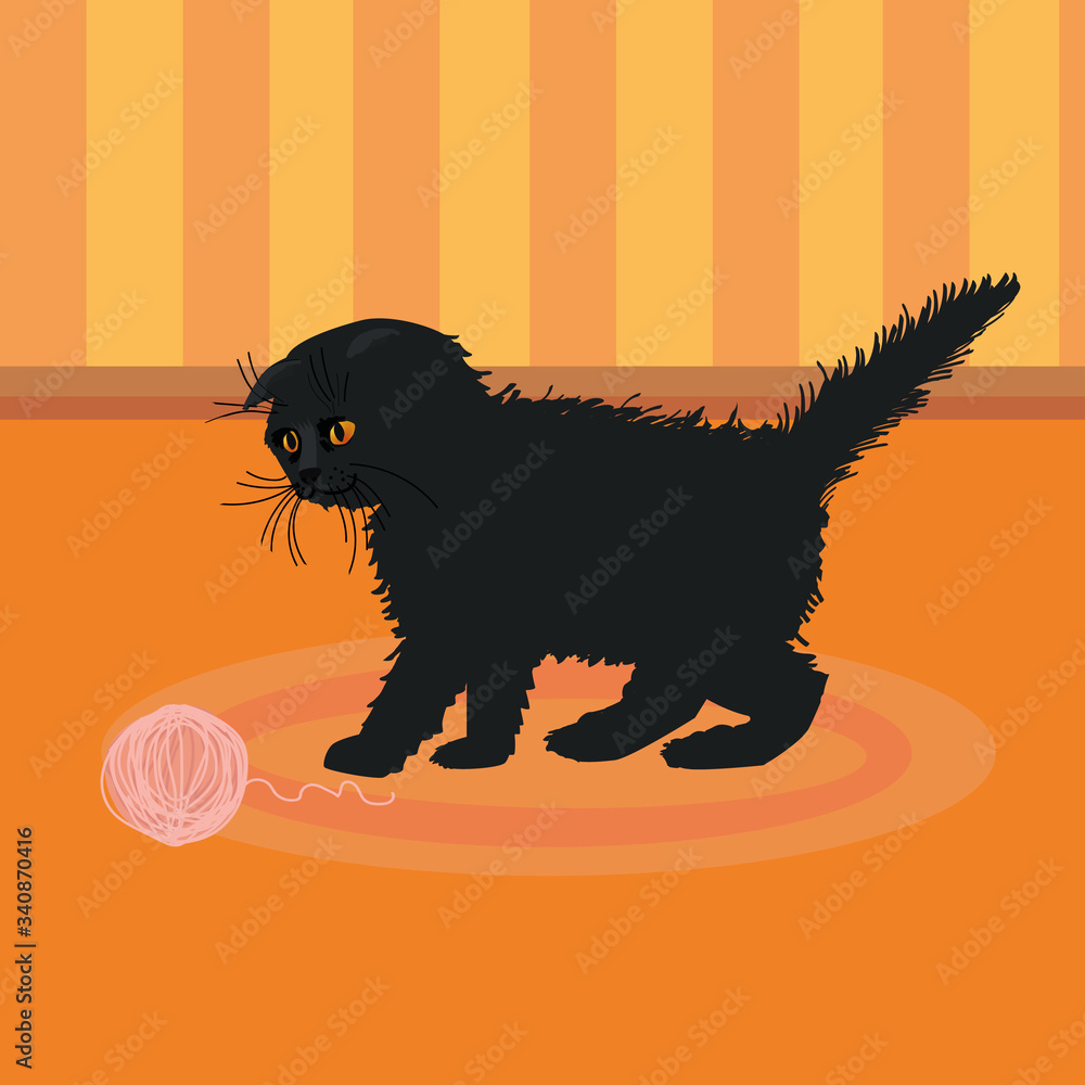 a small, cute kitten plays with a ball of thread. Black cat with yellow eyes on an orange background. Vector illustration a small, cute kitten plays with a ball of thread. Black cat with yellow eyes on an orange background. Vector illustration