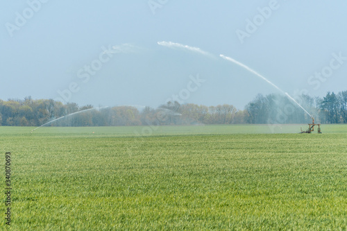 Rollaway automatic sprinkler watering gun irrigating farmer's field in spring season.