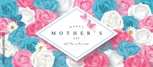 Happy mother's day card with roses and butterflies. Floral background. Template design for postcard, flyer,poster, invitation.Vector illustration