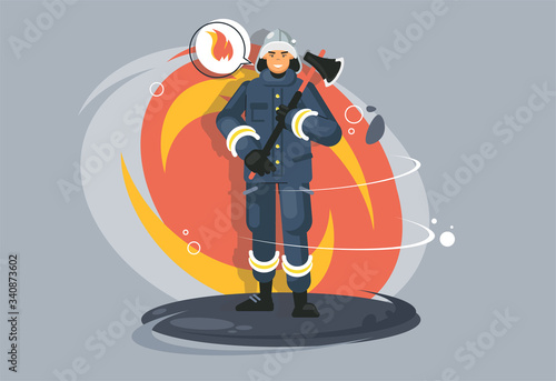 profession firefighter. Fire brigade employee. Protective suit. Heat-resistant uniforms.