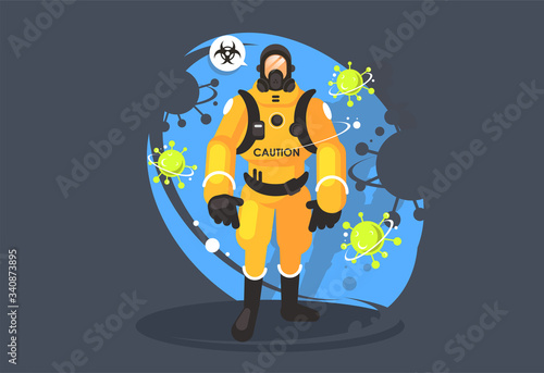 disinfector in a chemical protection suit. Protection from the virus. Biological hazard. Coronavirus.