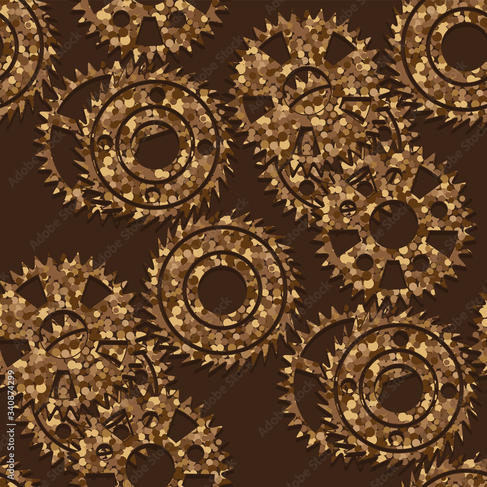 Seamless pattern with various gears on a brown background. Vector image