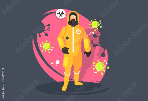 disinfector in a chemical protection suit. Protection from the virus. Biological hazard. Coronavirus.