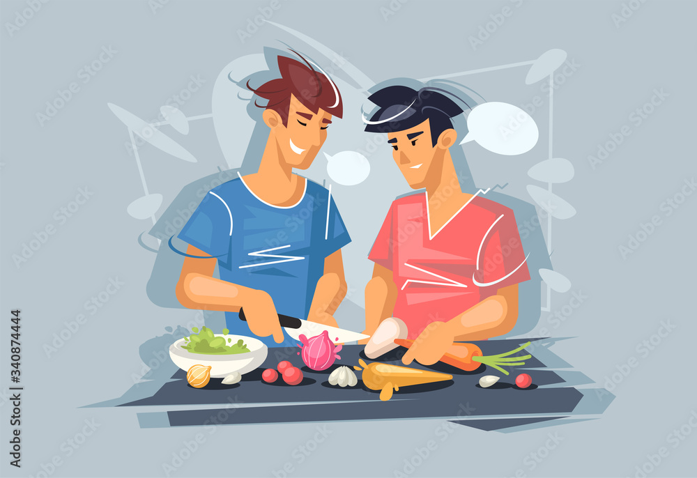two young guys are cooking. Gay couple. Healthy diet. Healthy vegetarian food. two young guys are cooking. Gay couple. Healthy diet. Healthy vegetarian food.