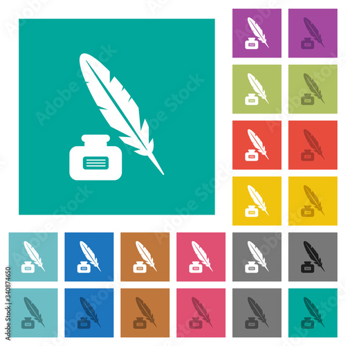 Feather and ink bottle with label square flat multi colored icons