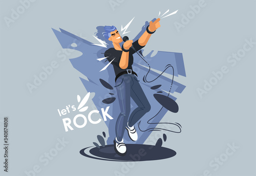 A young guy sings on stage, a Rock star. Rock Musician in a dynamic pose.