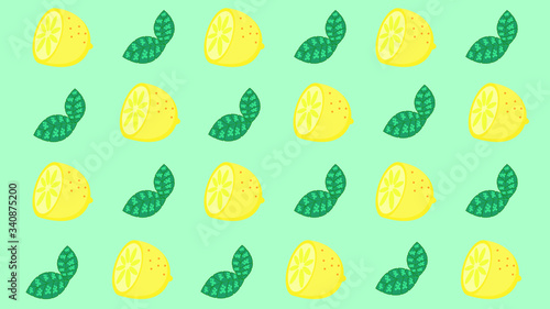 Lemon and mint sprig vector seamless pattern on green background.