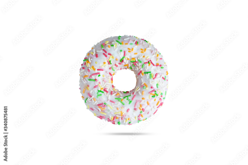  sweet donut in white glaze and with colored sprinkles isolated on a white background