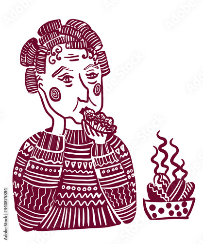 drawing picture an elderly woman in curlers eating pies, sketch, hand drawn digital vector illustration
