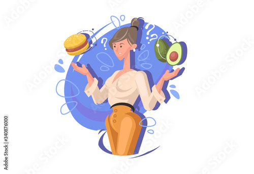 a young girl chooses food. The concept of choosing between healthy food and fast food. Diet and balanced nutrition.