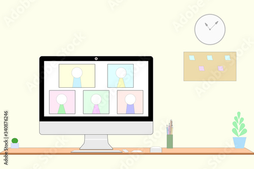 Vector - Computer with video conference or learning with teamwork or teacher at home. Online meeting. Technology digital  Social distancing  Work from home  WFH  concept. Copy space.