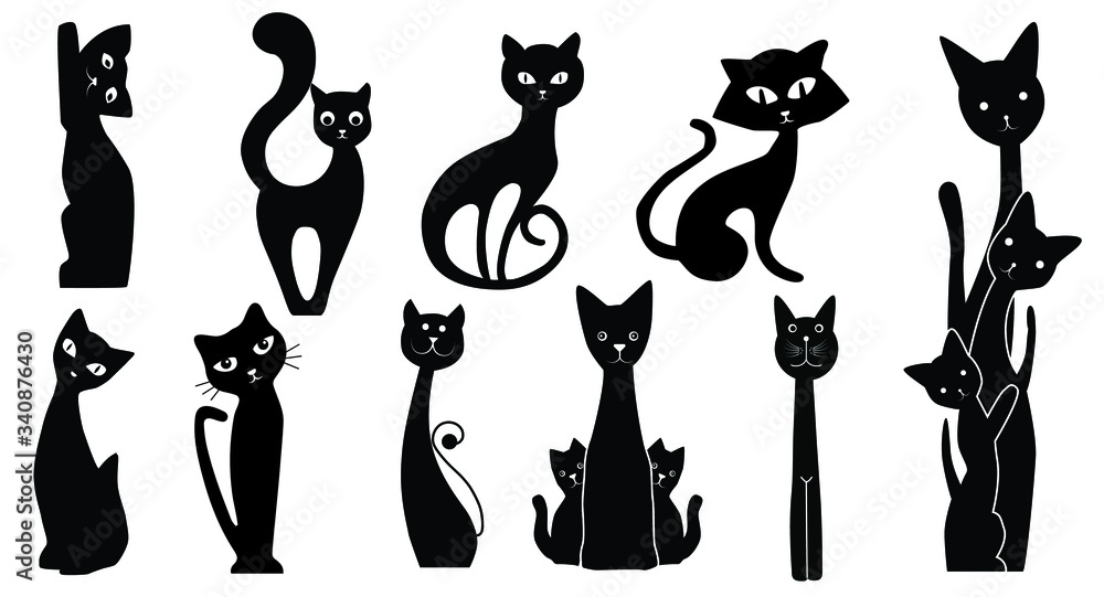 Set of vector images of cute black cat in various poses- silhouette style
