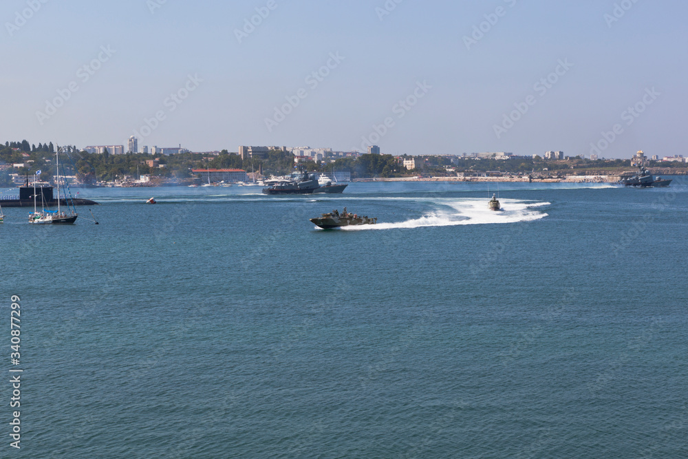 Raptor landing craft maneuvers at the celebration of the Navy Day in Sevastopol Bay, Crimea