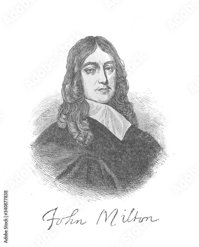 The John Milton's portrait, an English poet and intellectual in the old book the Great Authors, by W. Dalgleish, 1891, London photo