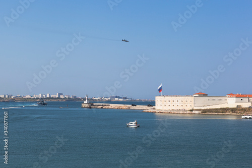 SU-25 aircraft fly over the Konstantinovsky battery at the celebration of the Navy Day in the hero city of Sevastopol, Crimea