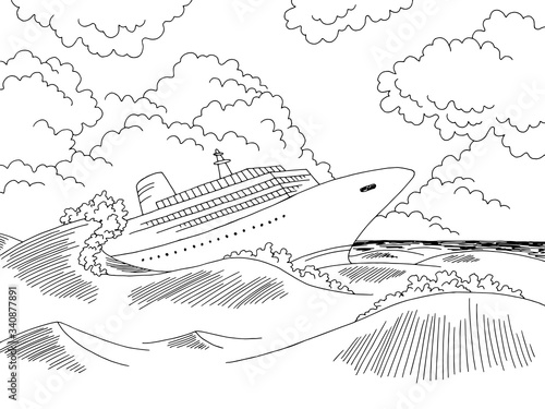 Ship wreck graphic black white landscape sketch illustration vector