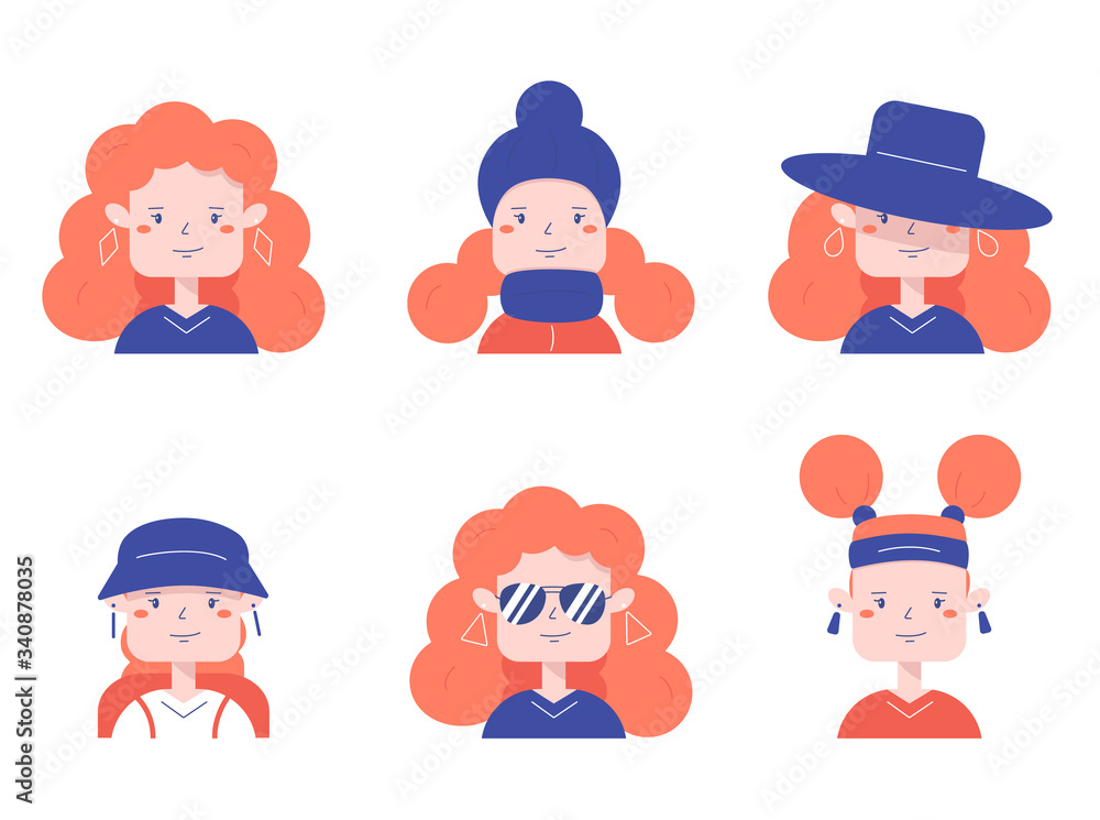 Icons set of cute girl avatar with different accessories and hairstyle Icons set of cute girl avatar with different accessories and hairstyle