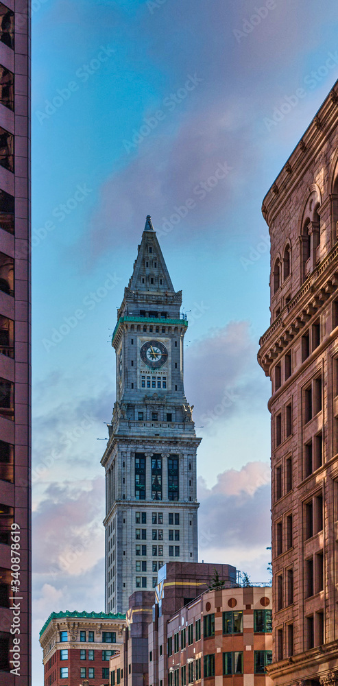Old Clocktower in Boston Between Buildings