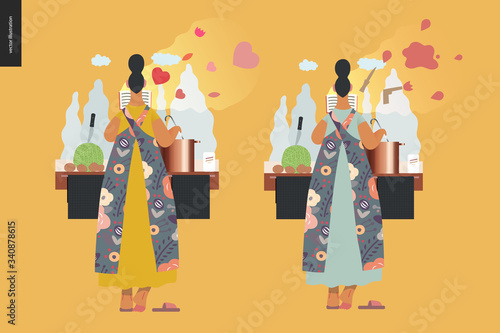 World Book Day graphics, woman cooking template, book week events. Modern flat vector concept illustrations of reading people -a woman reading a book with enthusiasm, boiling a soup standing back