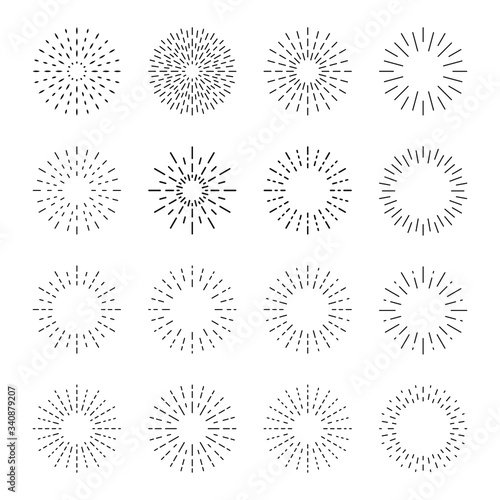 Sunburst set. Big collection sunburst best quality. Star, firework explosion, logo, emblem, tag. Web banner. Vector Illustration.