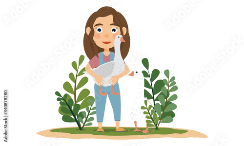 Girl playing with a white and gray goose. Bird yard in the summer. Poultry in the tall grass. Children's vector cartoon illustration