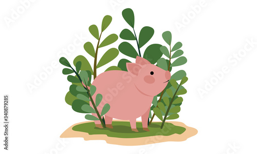A cute pink pig stands in a thicket of fresh green grass. Pets in the summer. Agriculture. Vector children's illustration