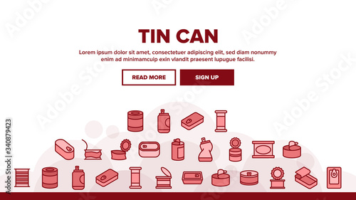 Tin Can Container Landing Web Page Header Banner Template Vector. Metallic Tin Can Package For Freshness Drink And Pickled Food, Closed And Opened Illustrations