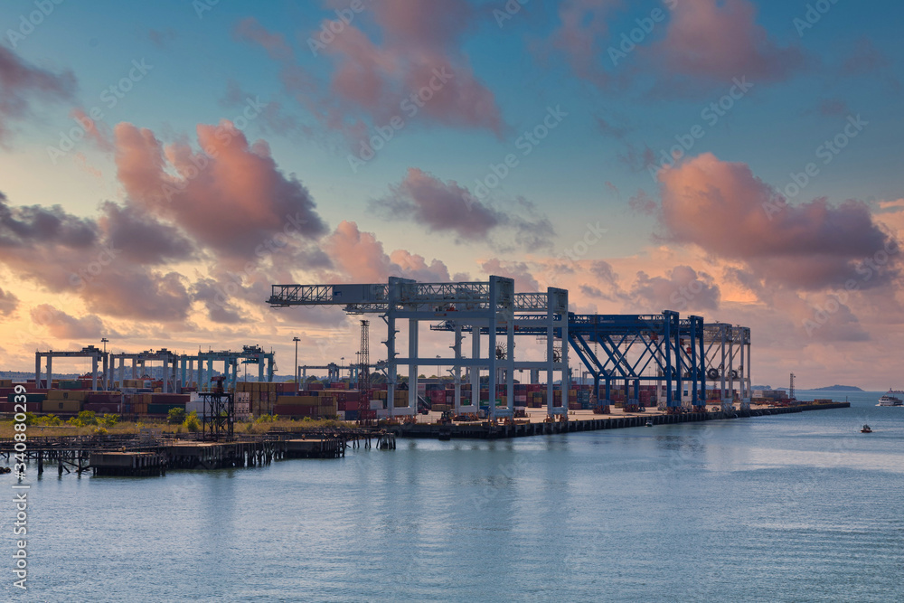 Freight cranes and shipping containers on the coast near Boston