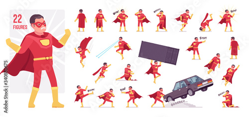 Male super hero in classic red costume character set. Heroic strong brave warrior, superpower man with combat and battle skills, successful guy. Full length, different view, gestures, emotions, poses