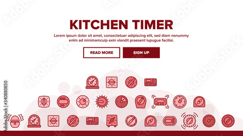 Kitchen Timer Tool Landing Web Page Header Banner Template Vector. Electronic And Mechanical Timer For Measurement And Alarm Cooking Time, Device In Egg Form Illustrations