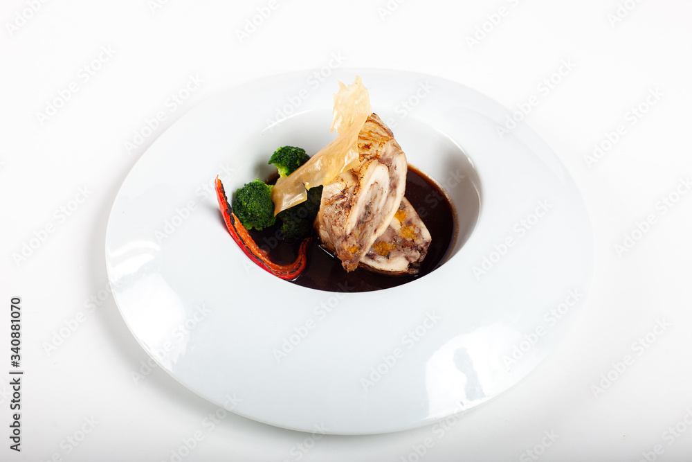 Dishes in white plates on a white background with the application of food design. Dishes in white plates on a white background with the application of food design.