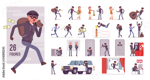 Thief, masked man stealing money character set. Burglar committing robbery, outlaw fraud operating lawless financial crime, bandit or hacker. Full length, different view, gestures, emotions, poses