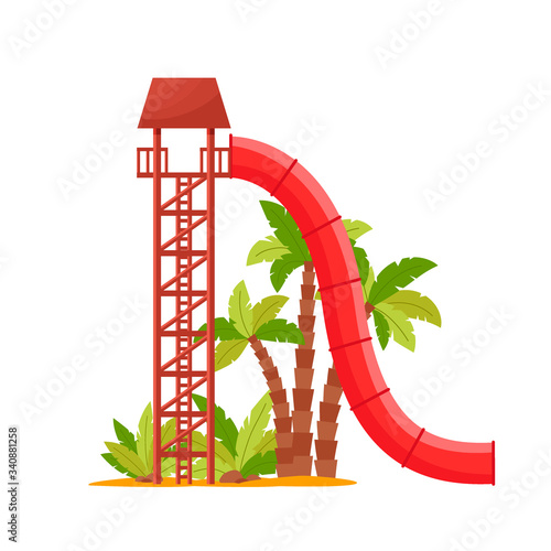 Water park with colored waterslide, red tube for kids activity. Summer attraction in an aquapark for relaxation and fun, isolated on white background, vector illustration
