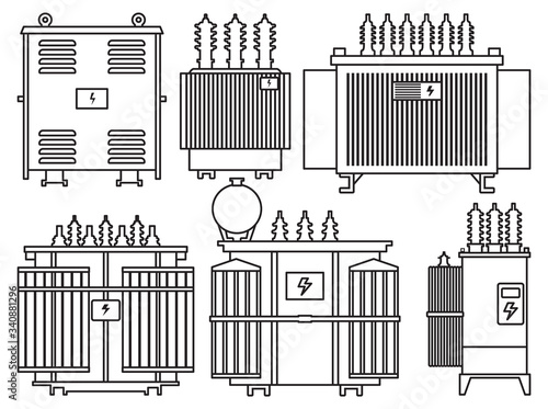 Transformer vector installation on white background . Isolated outline set icon energy substation. Vector outline set icon transformer.