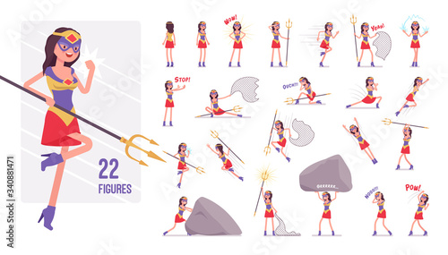 Female super hero in bright costume character set. Effective wonder warrior, superpower sexy woman with superior combat skills, successful lady. Full length, different view, gestures, emotions, poses
