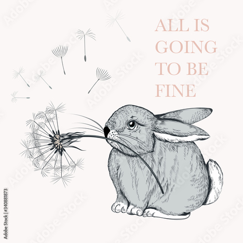 Cute vector hand drawn rabbit holding dandelion, all is going to be fine