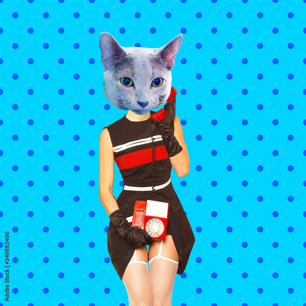Fototapeta Contemporary art collage. Vintage Kitty Girl. Playful communication concept