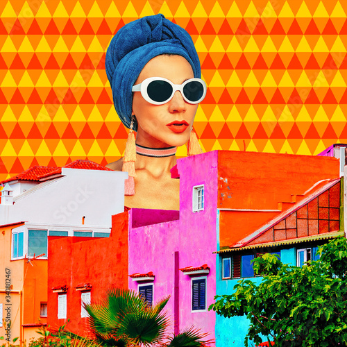 Canvas Print Contemporary art collage. Vacation Girl Cuba Beach Style